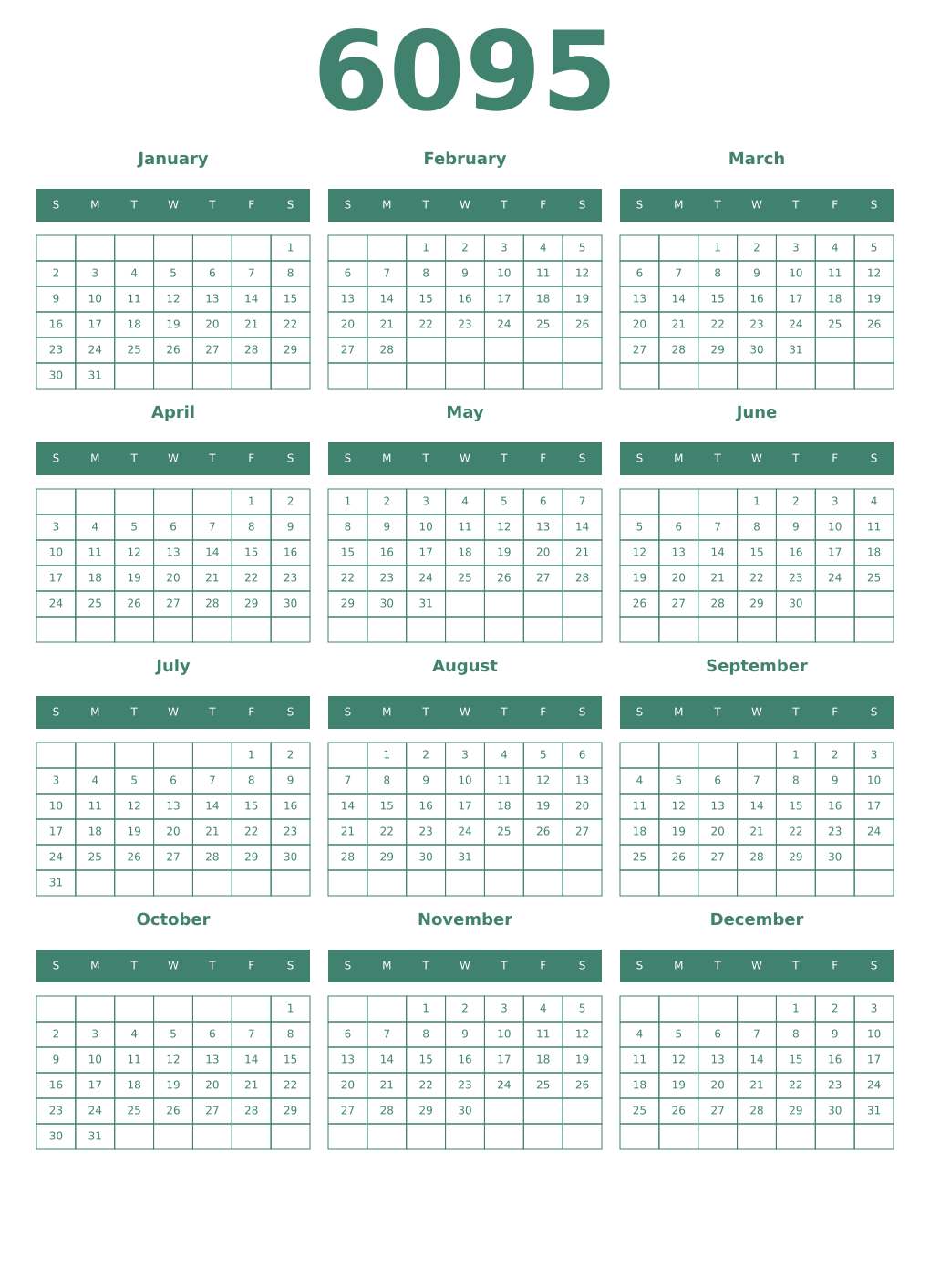Printable 6095 Year Calendars viridian