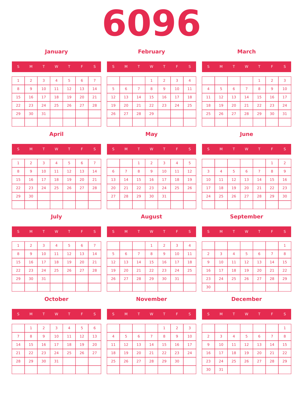 Printable 6096 Year Calendars amaranth