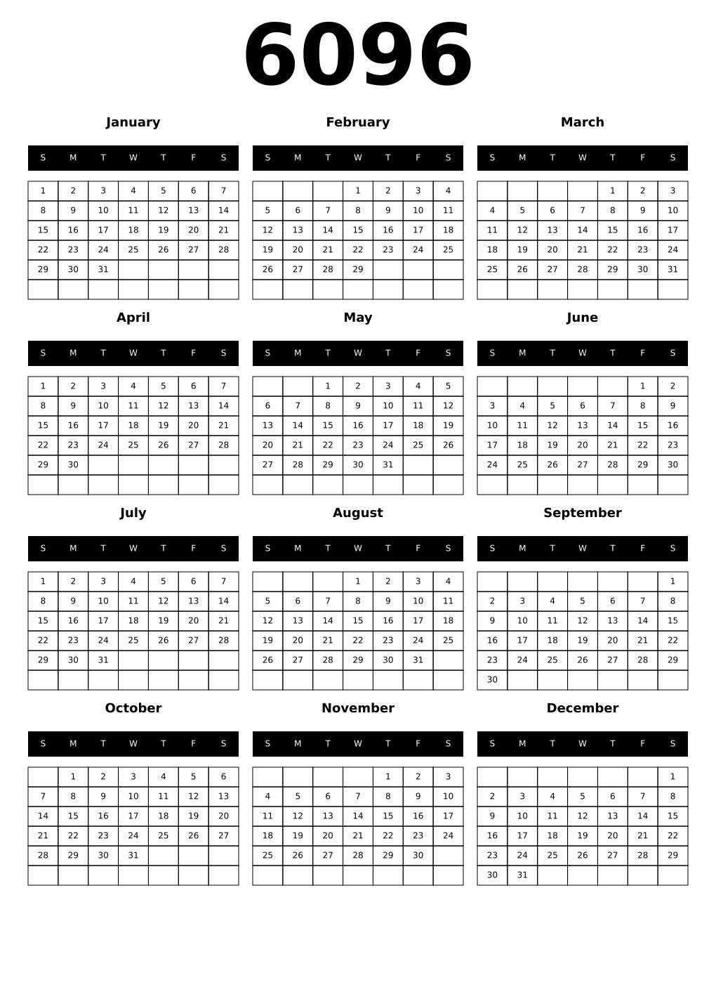 Printable 6096 Year Calendars black