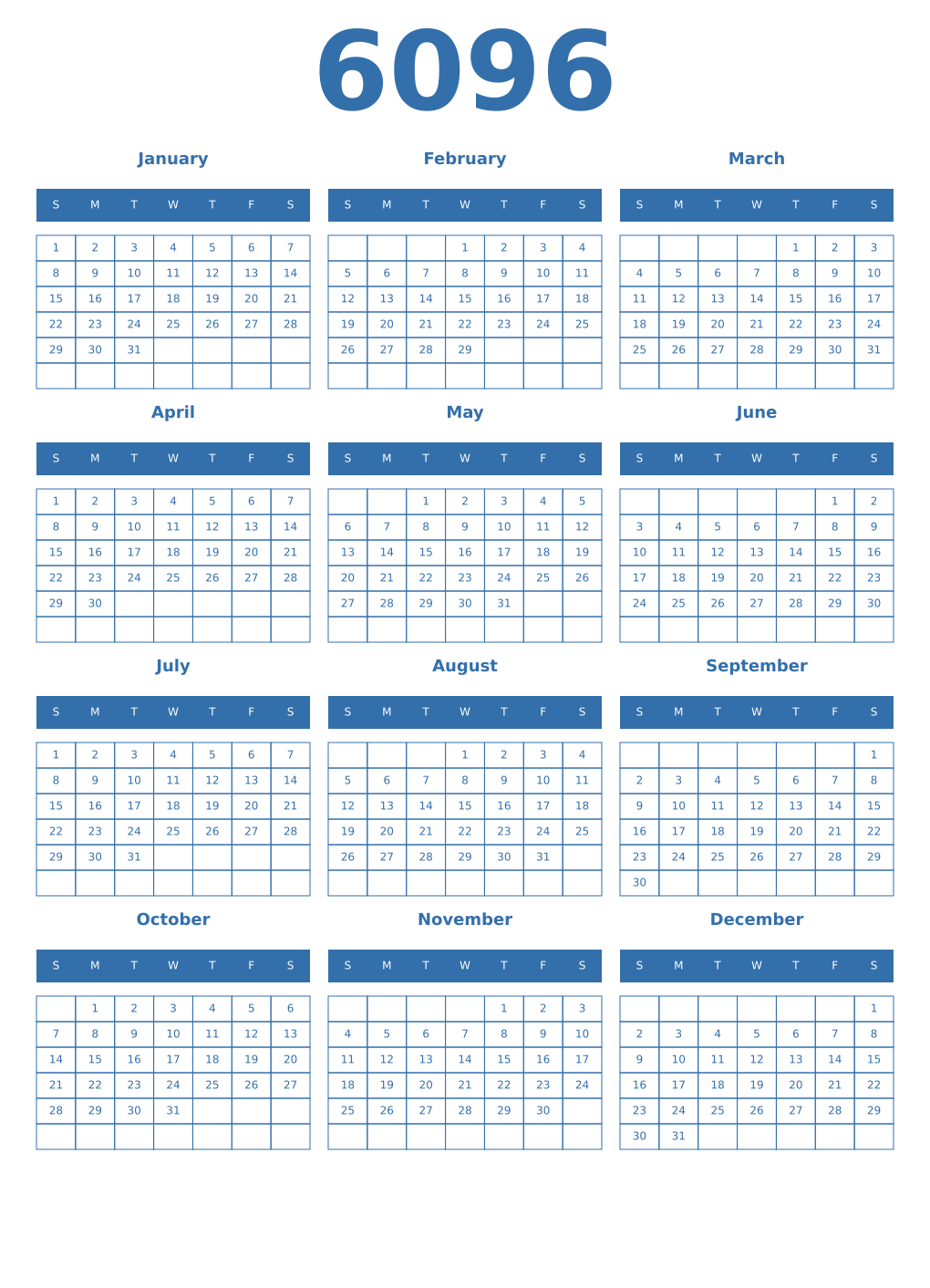 Printable 6096 Year Calendars blue