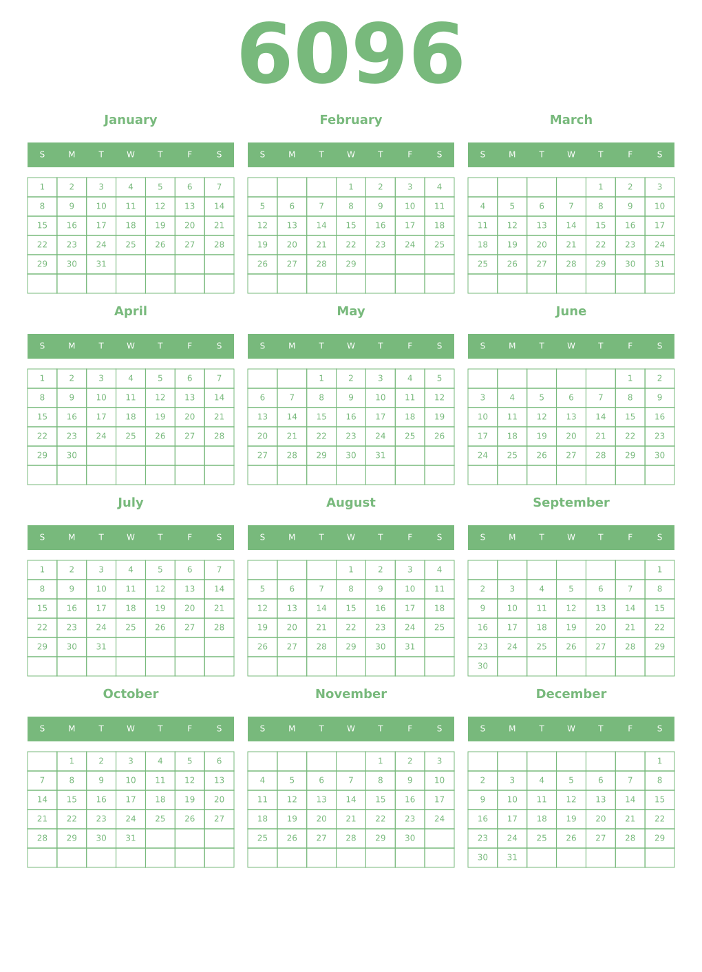 Printable 6096 Year Calendars celadon