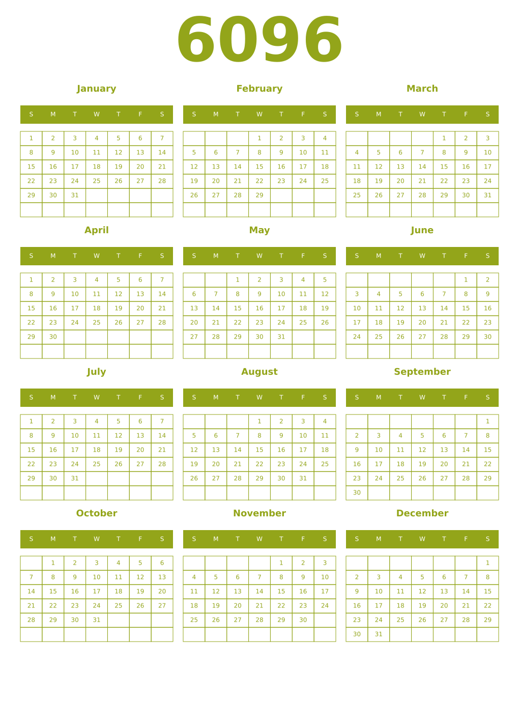Printable 6096 Year Calendars chartreuse