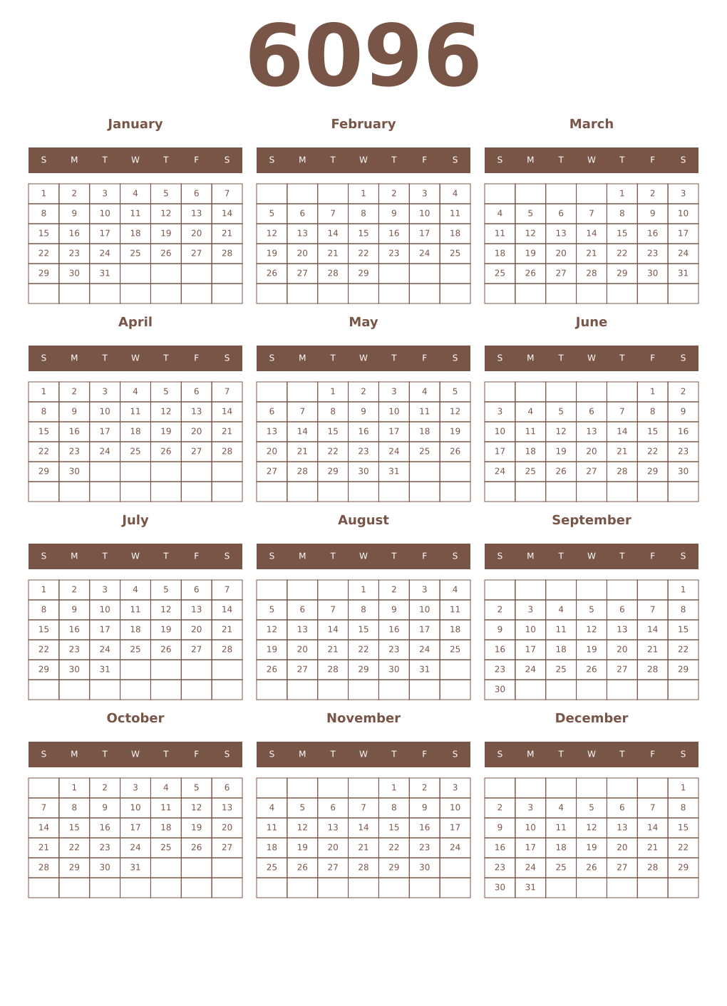 Printable 6096 Year Calendars coffe