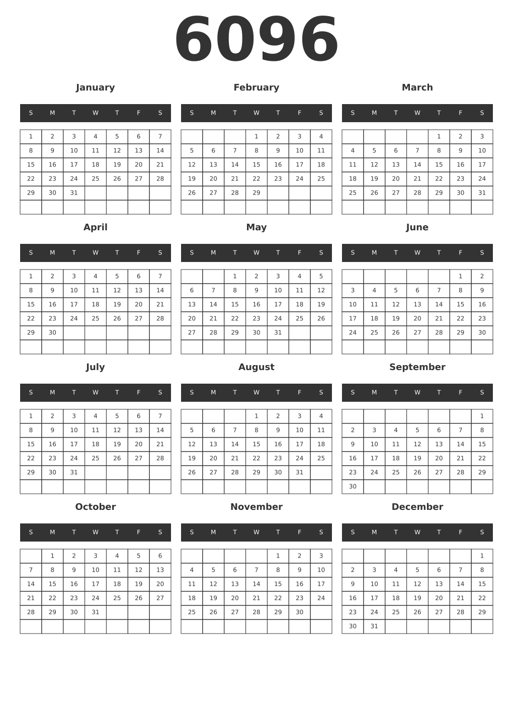 Printable 6096 Year Calendars dark