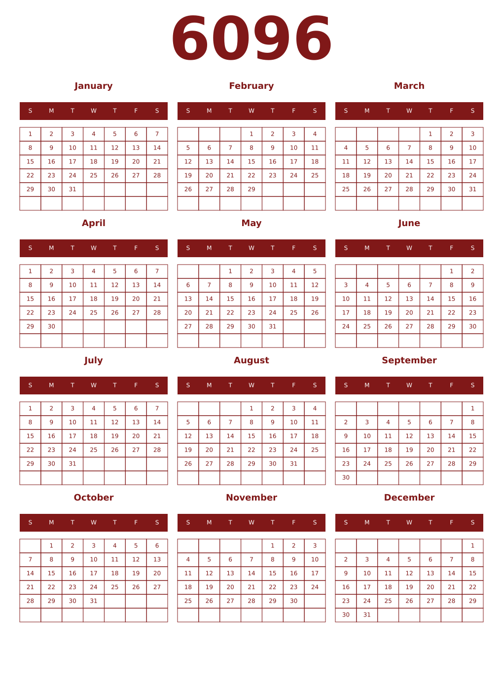 Printable 6096 Year Calendars falu