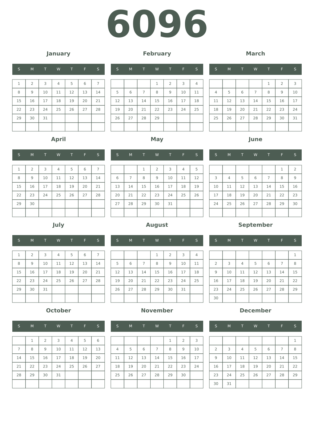Printable 6096 Year Calendars feldgrau