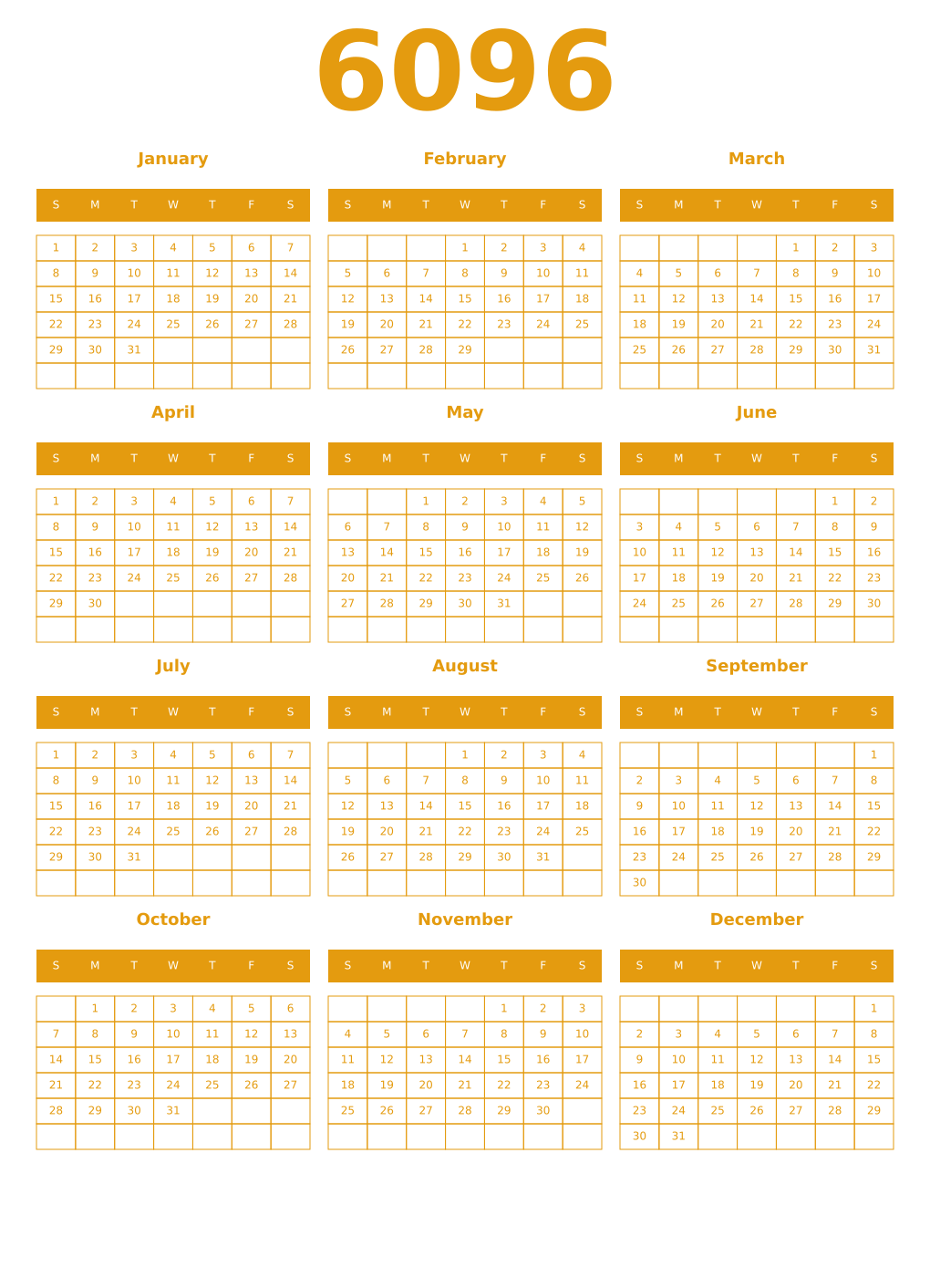 Printable 6096 Year Calendars gamboge