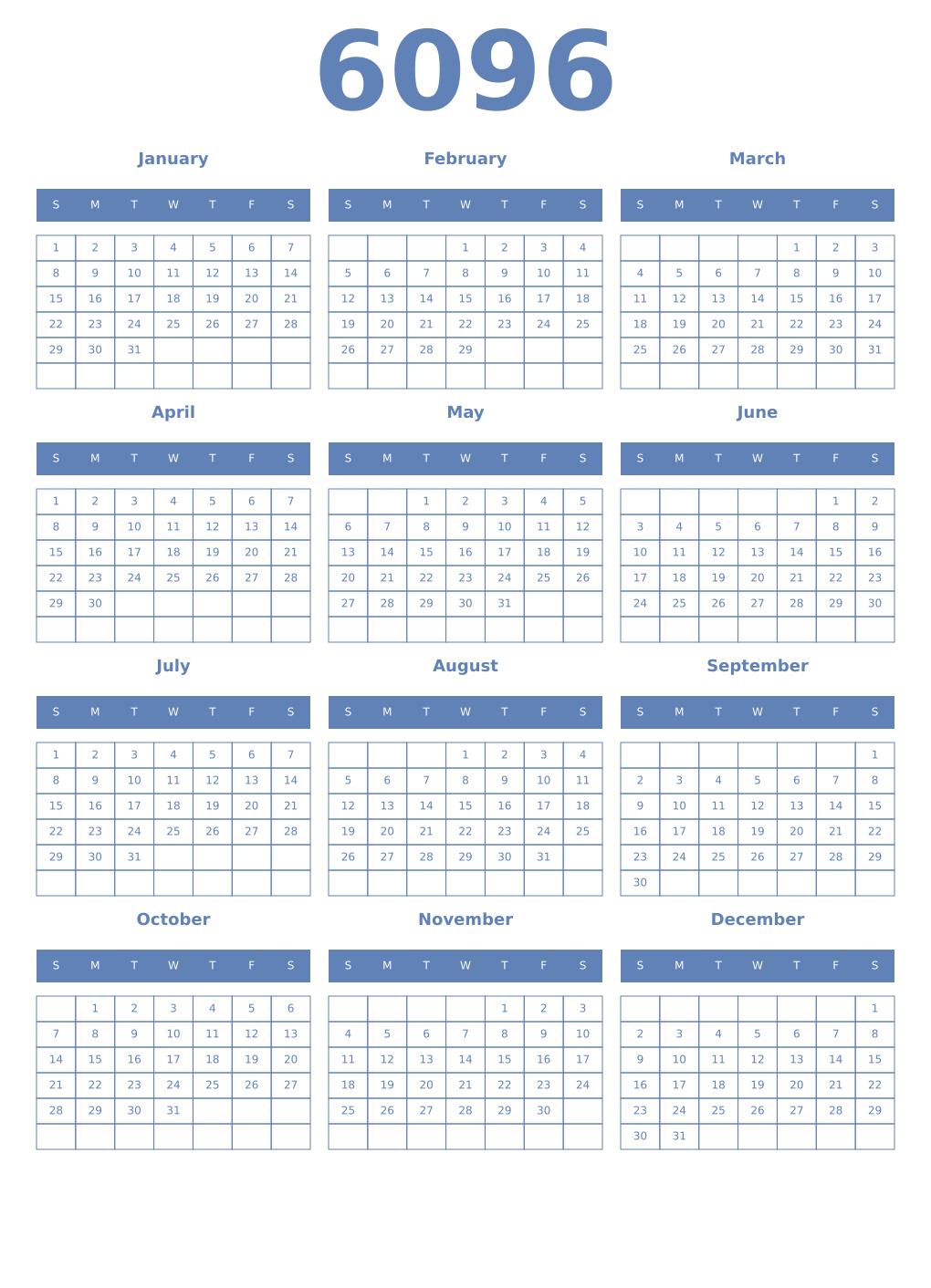 Printable 6096 Year Calendars glaucous