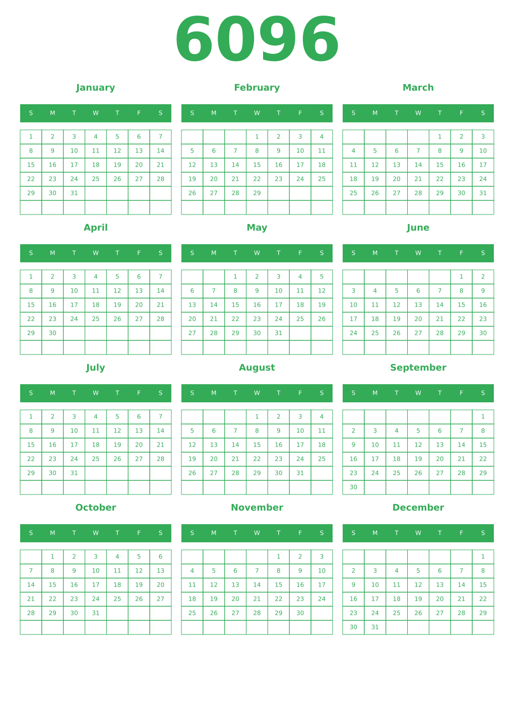 Printable 6096 Year Calendars green