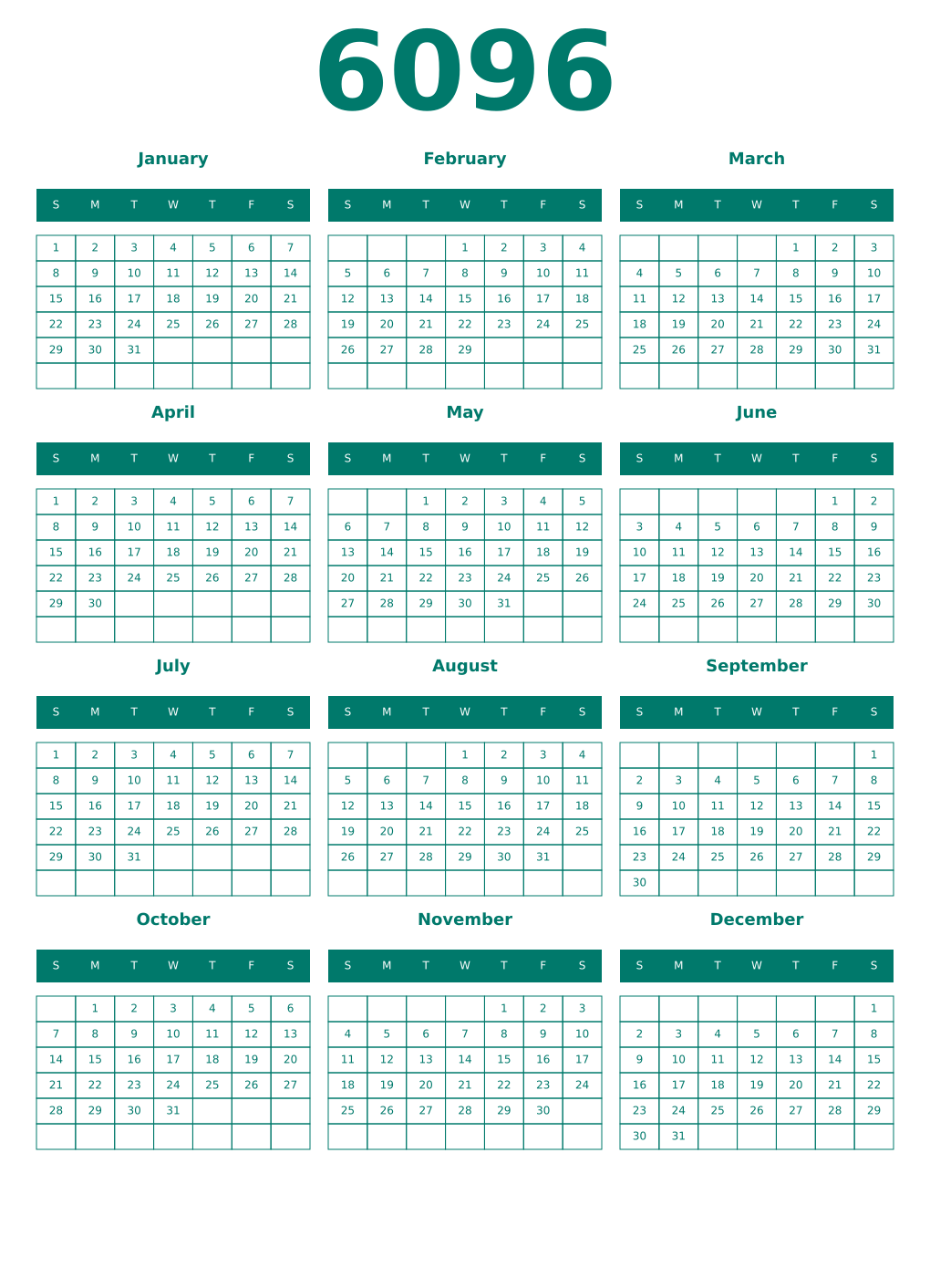 Printable 6096 Year Calendars pastel