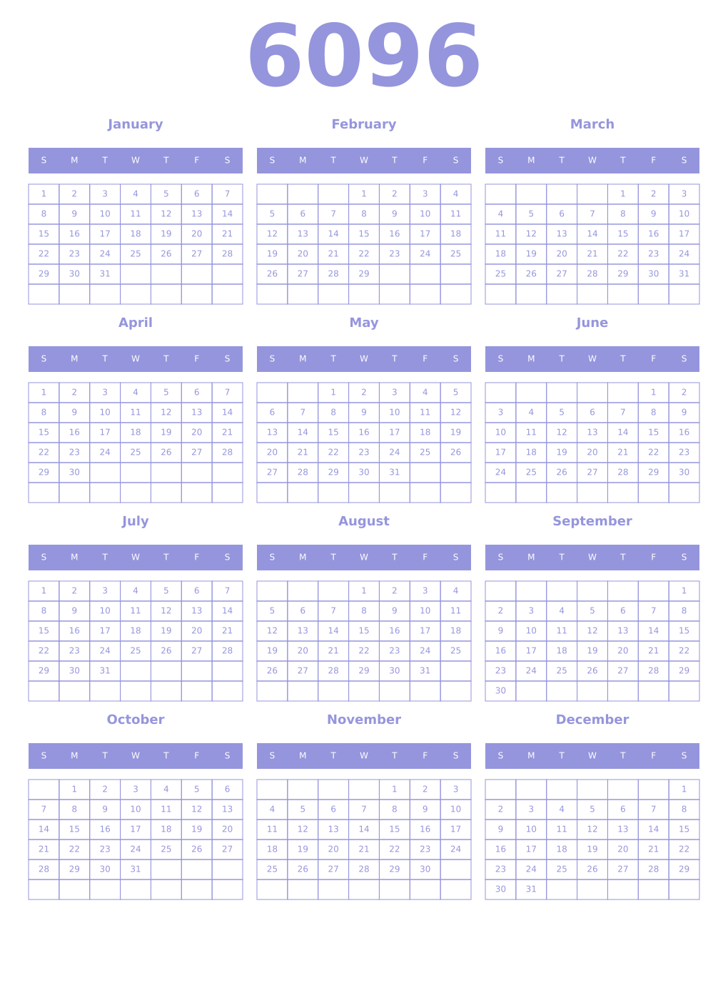 Printable 6096 Year Calendars periwinkle