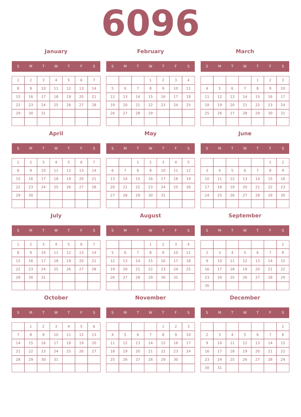 Printable 6096 Year Calendars puce