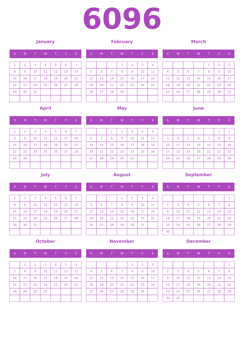 Printable 6096 Year Calendars purple