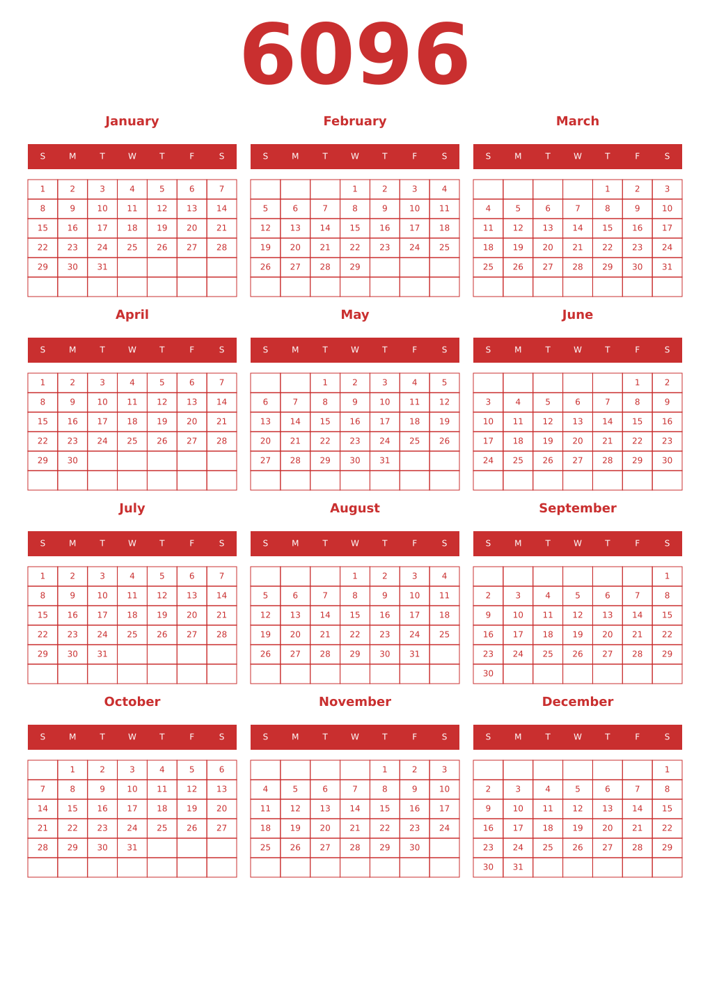 Printable 6096 Year Calendars red