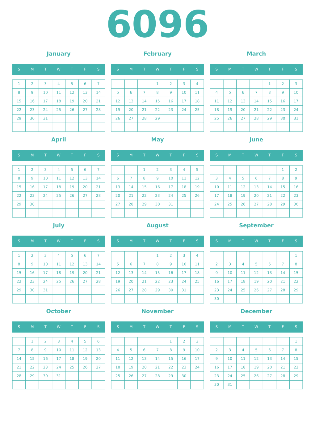 Printable 6096 Year Calendars verdigris