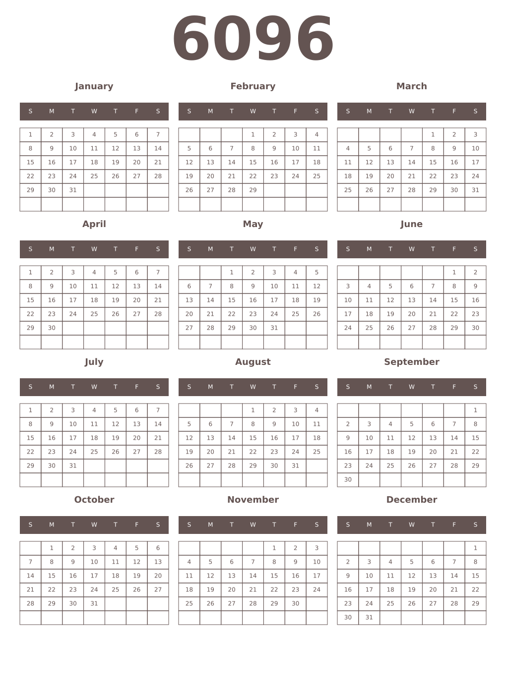 Printable 6096 Year Calendars wenge