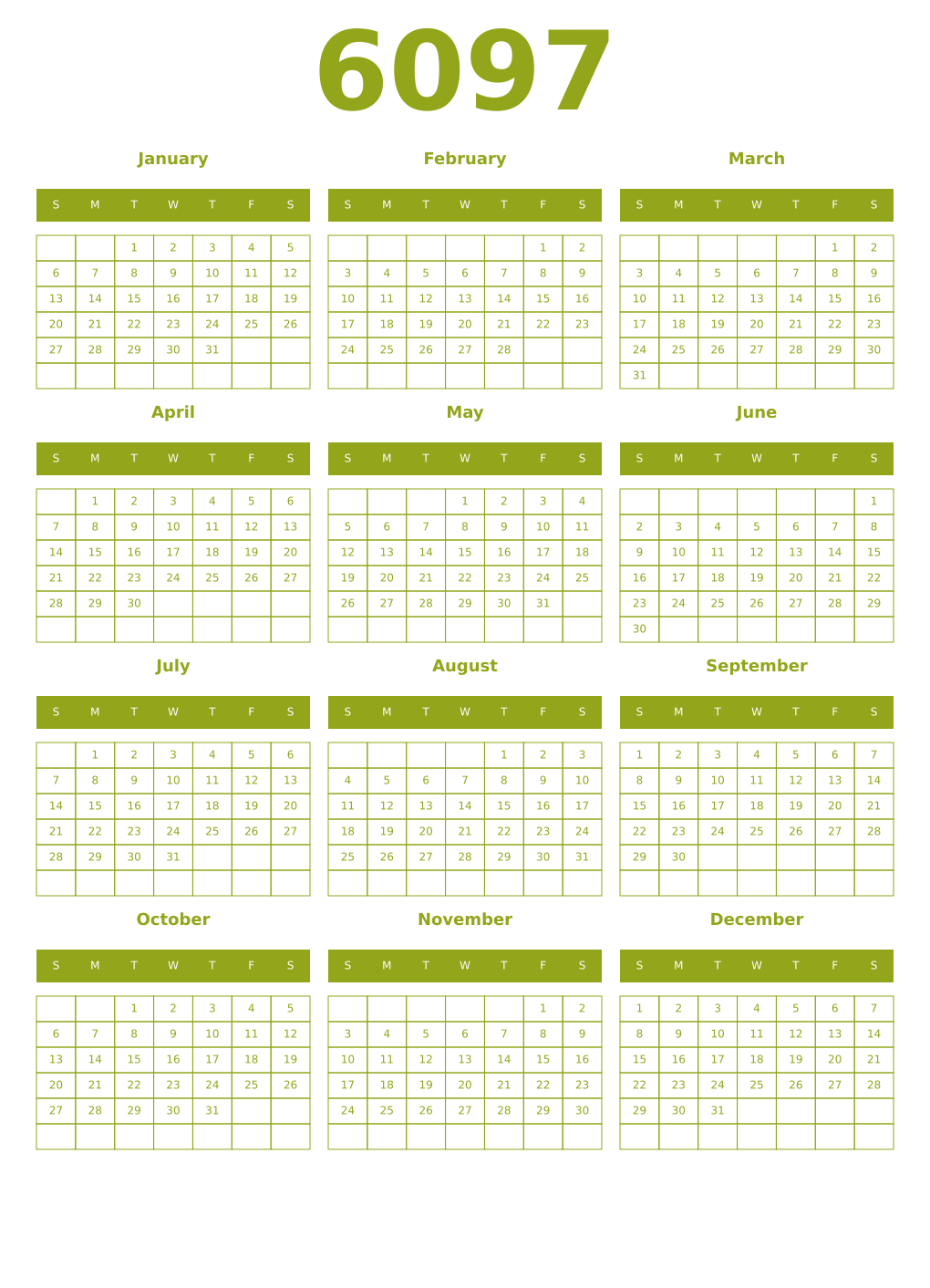 Printable 6097 Year Calendars chartreuse