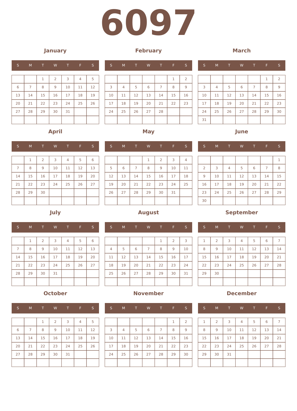 Printable 6097 Year Calendars coffe