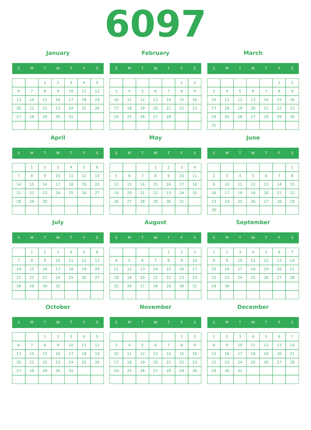 Printable 6097 Year Calendars green