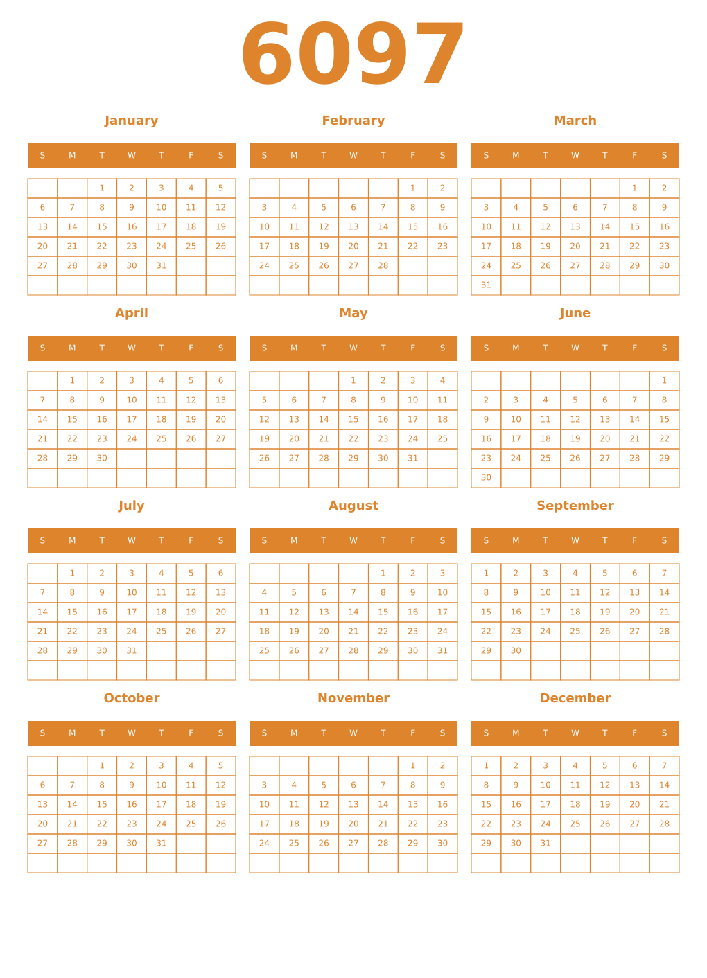 Printable 6097 Year Calendars orange