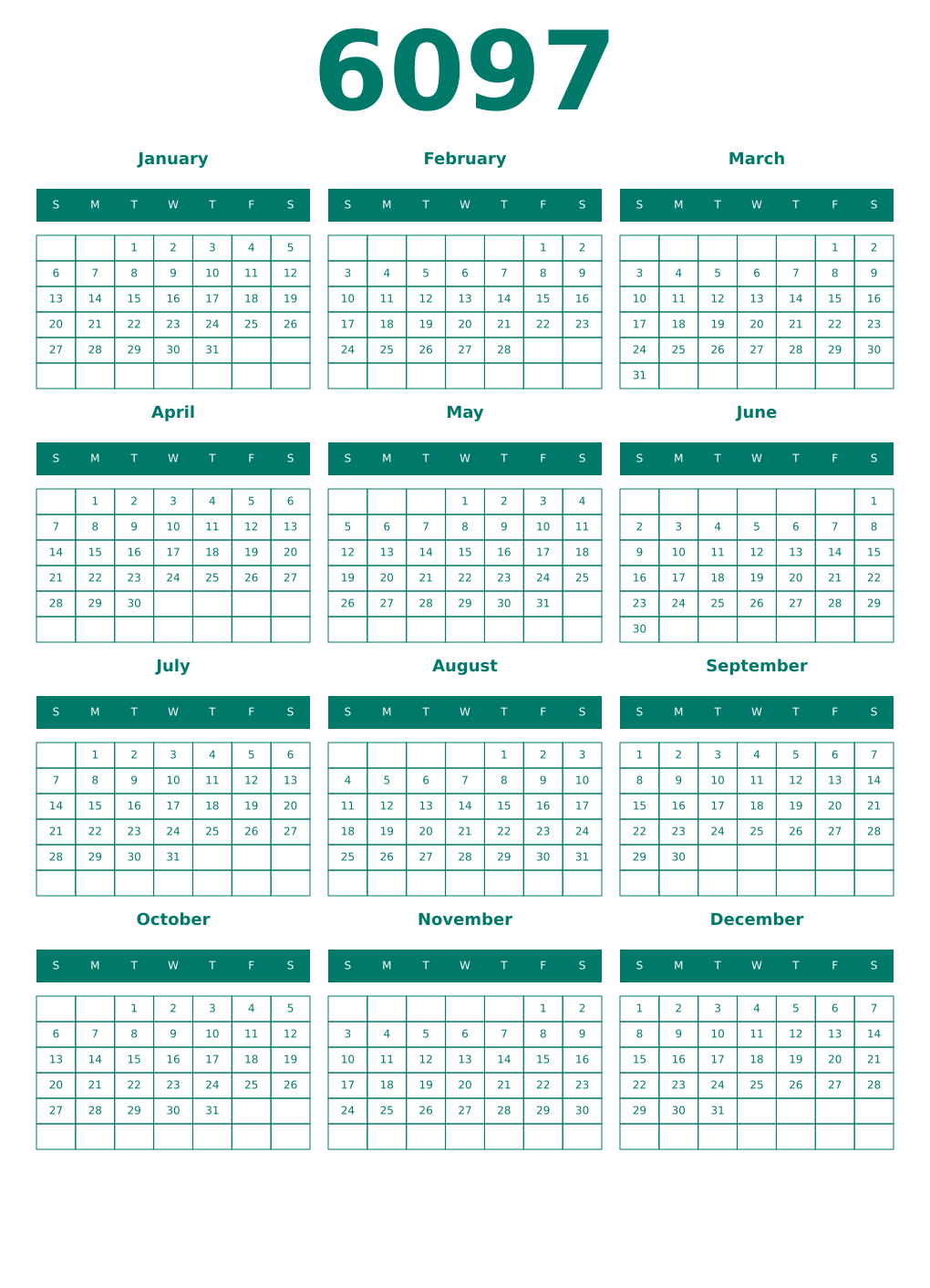 Printable 6097 Year Calendars pastel
