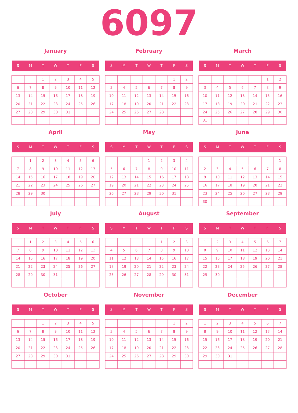 Printable 6097 Year Calendars pink