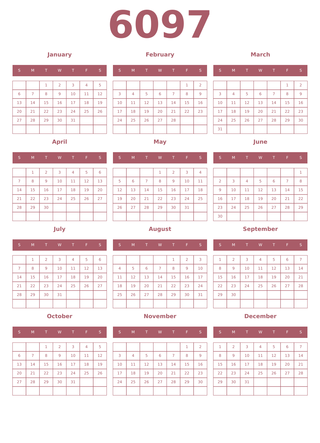 Printable 6097 Year Calendars puce