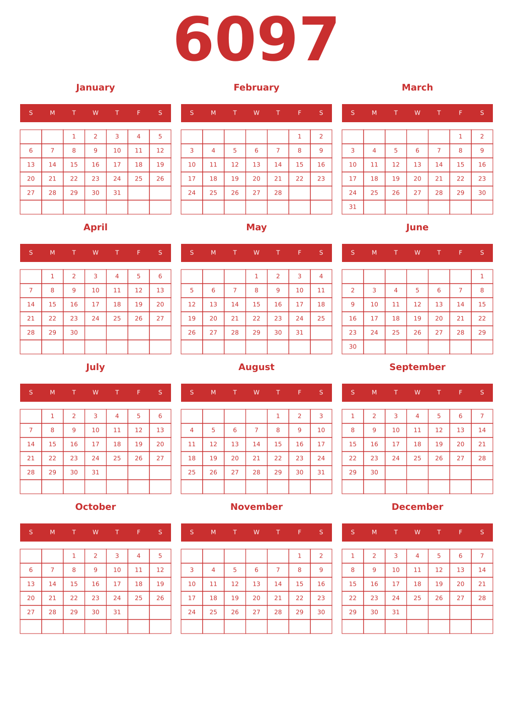 Printable 6097 Year Calendars red