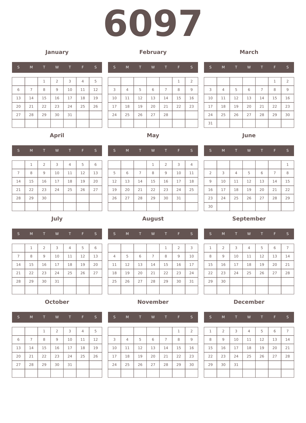 Printable 6097 Year Calendars wenge