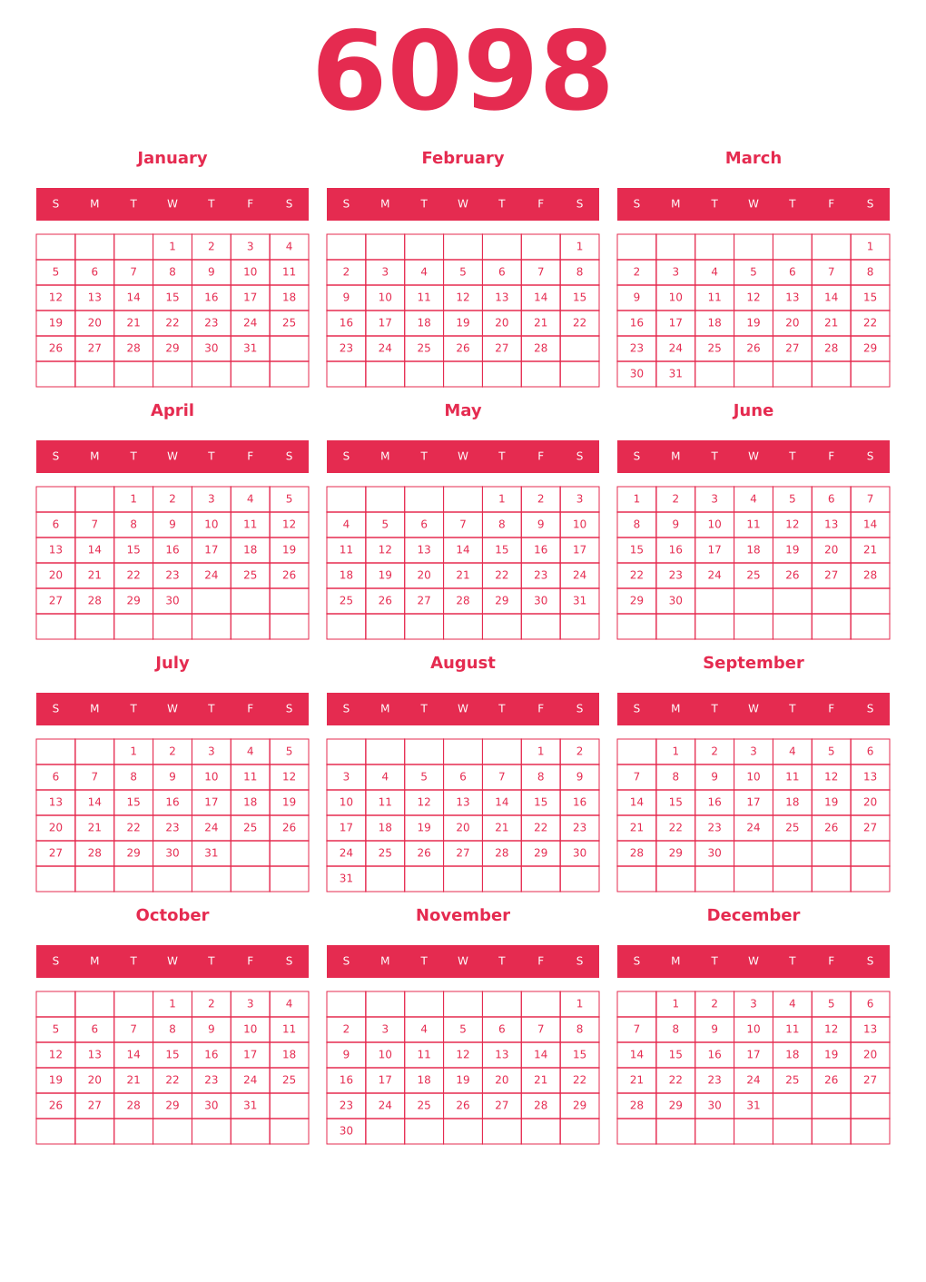 Printable 6098 Year Calendars amaranth