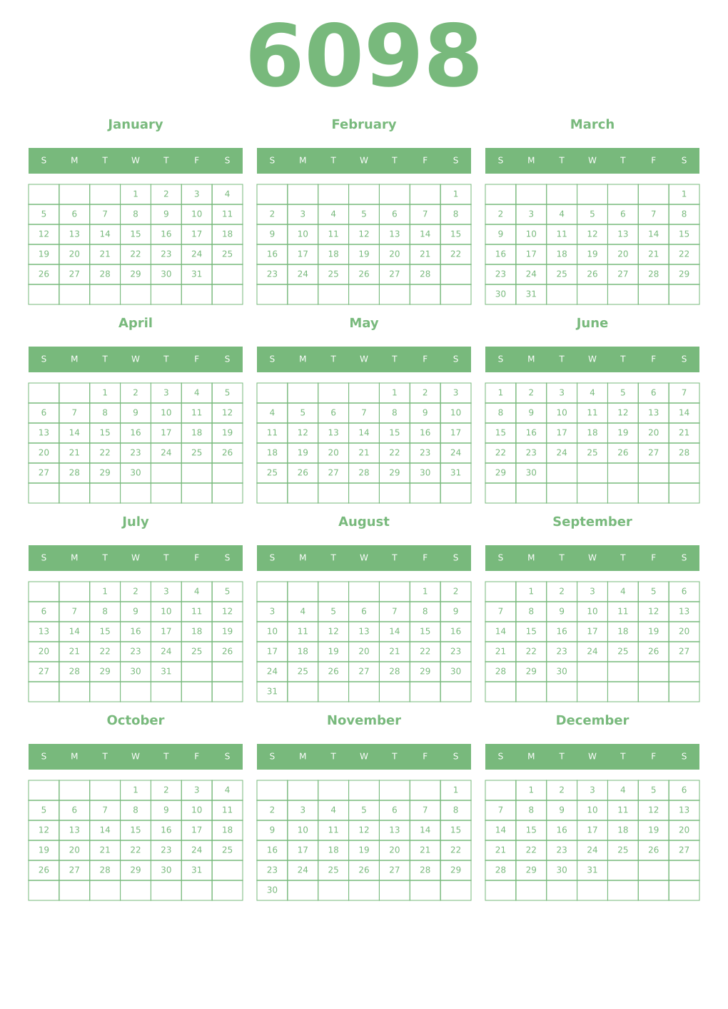 Printable 6098 Year Calendars celadon