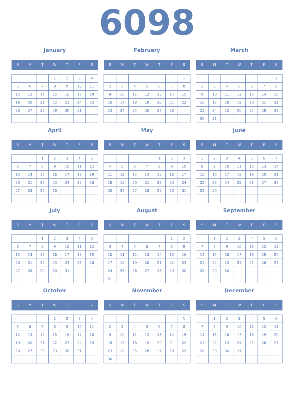 Printable 6098 Year Calendars glaucous