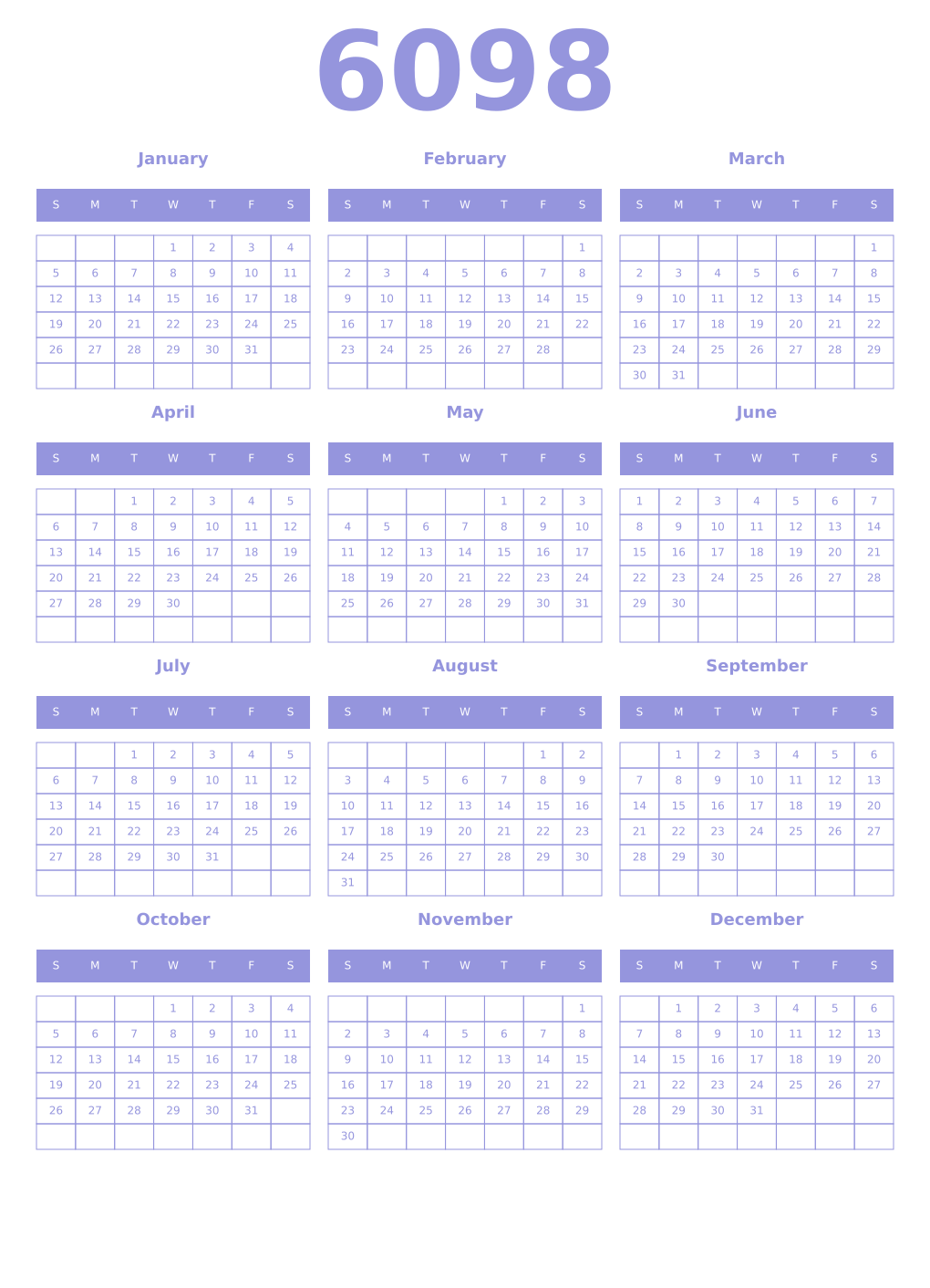 Printable 6098 Year Calendars periwinkle