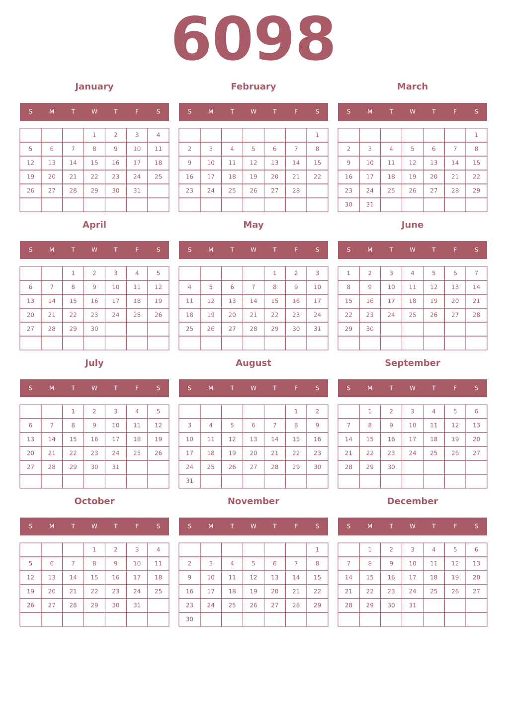 Printable 6098 Year Calendars puce