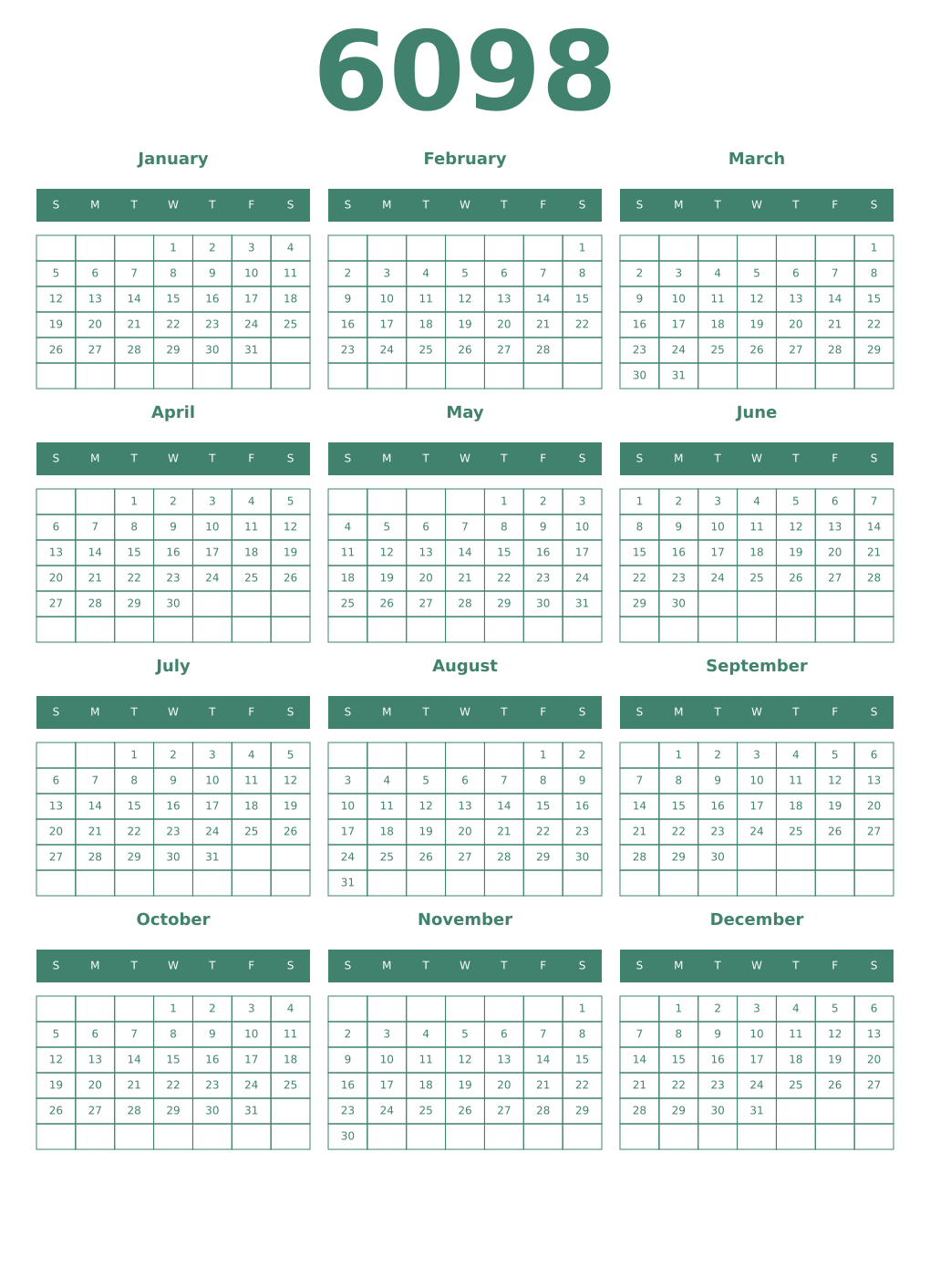 Printable 6098 Year Calendars viridian