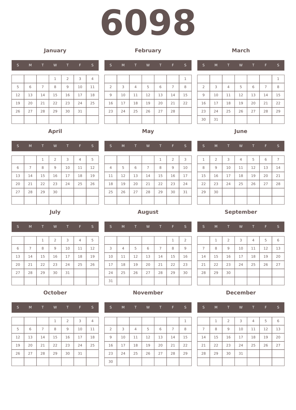 Printable 6098 Year Calendars wenge