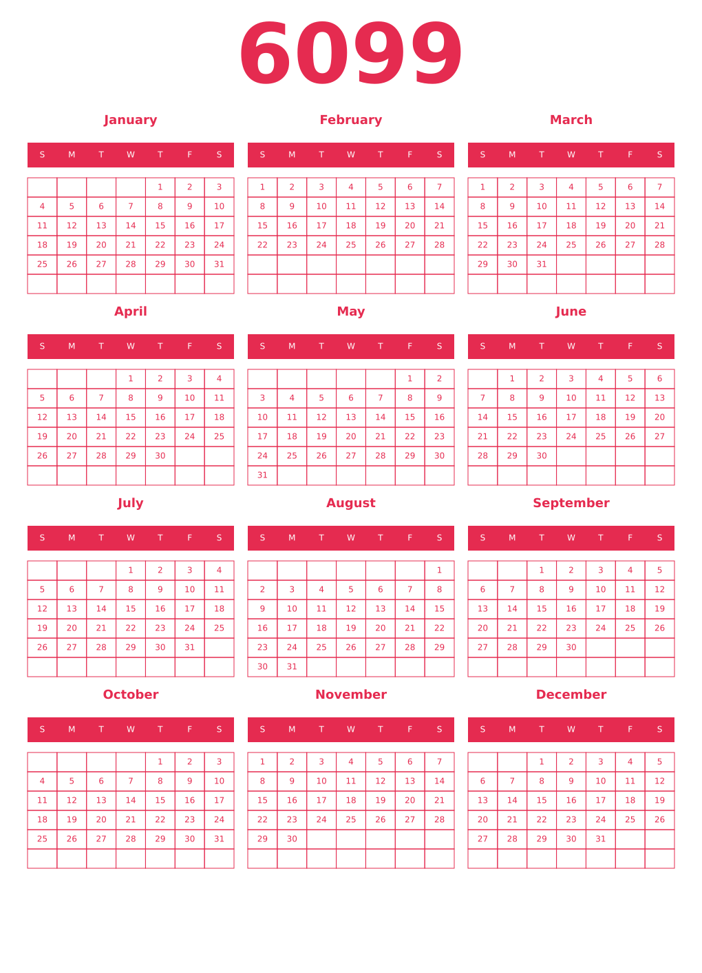 Printable 6099 Year Calendars amaranth