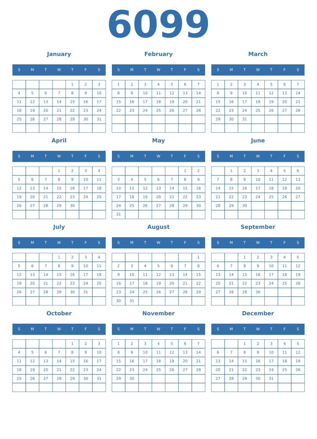 Printable 6099 Year Calendars blue