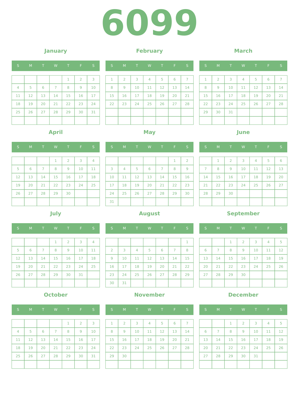Printable 6099 Year Calendars celadon