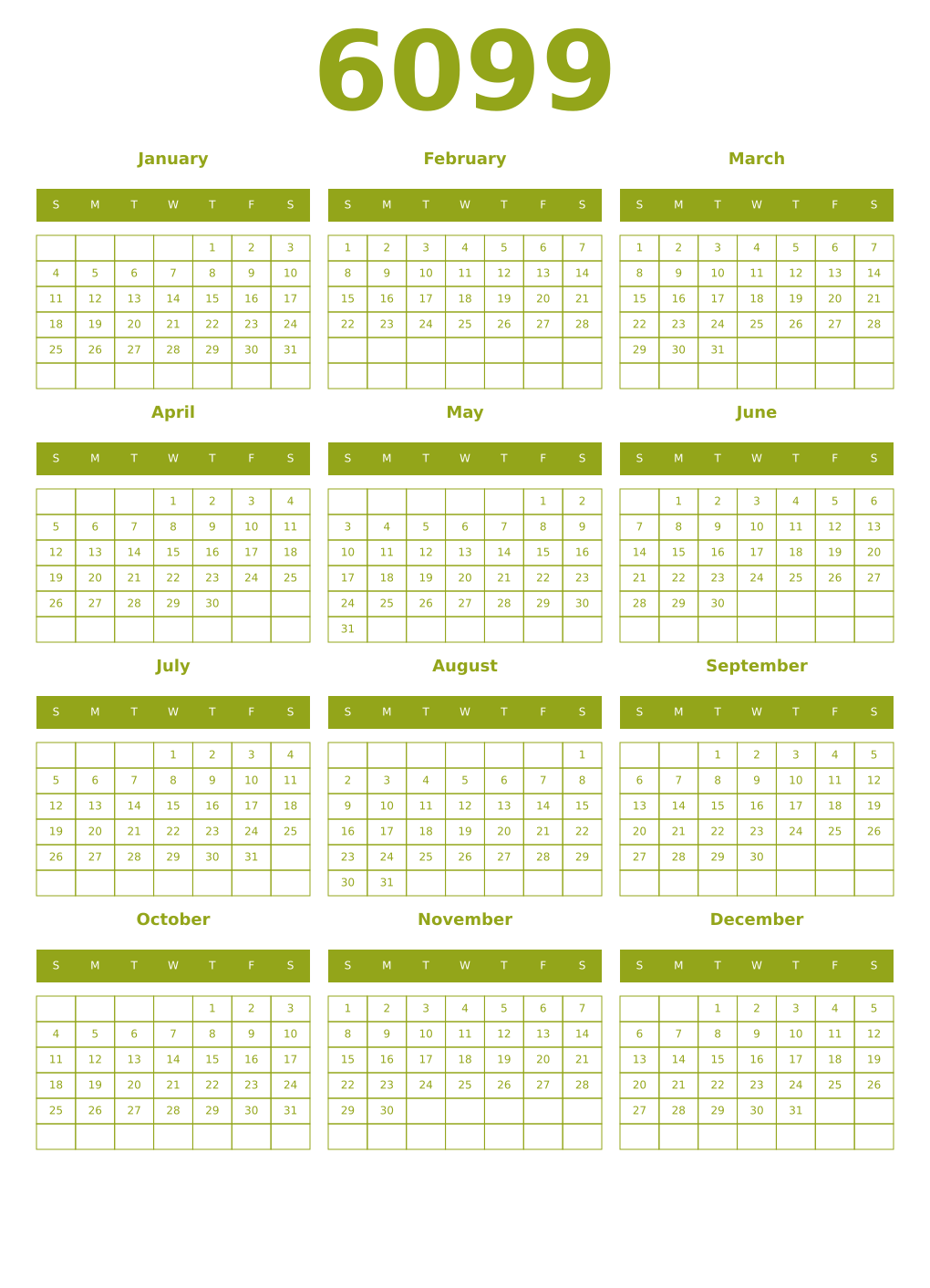 Printable 6099 Year Calendars chartreuse