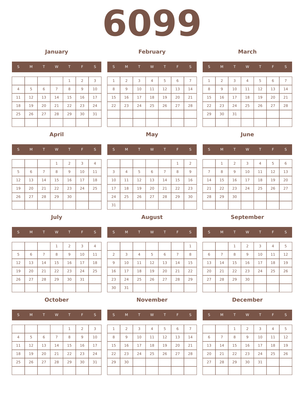 Printable 6099 Year Calendars coffe