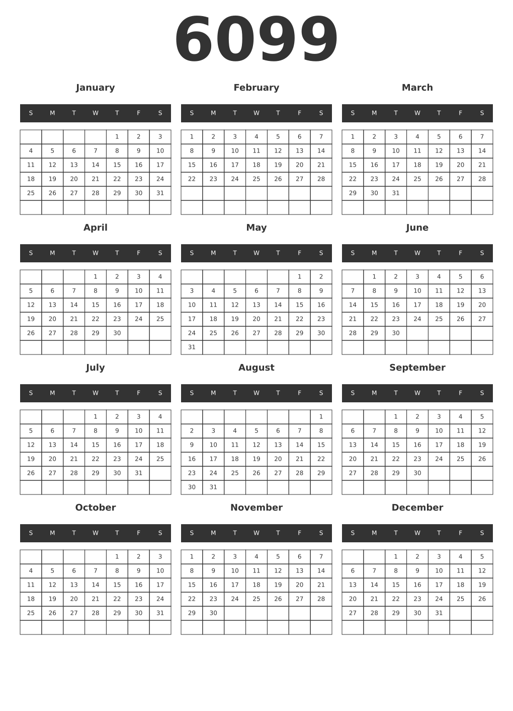 Printable 6099 Year Calendars dark