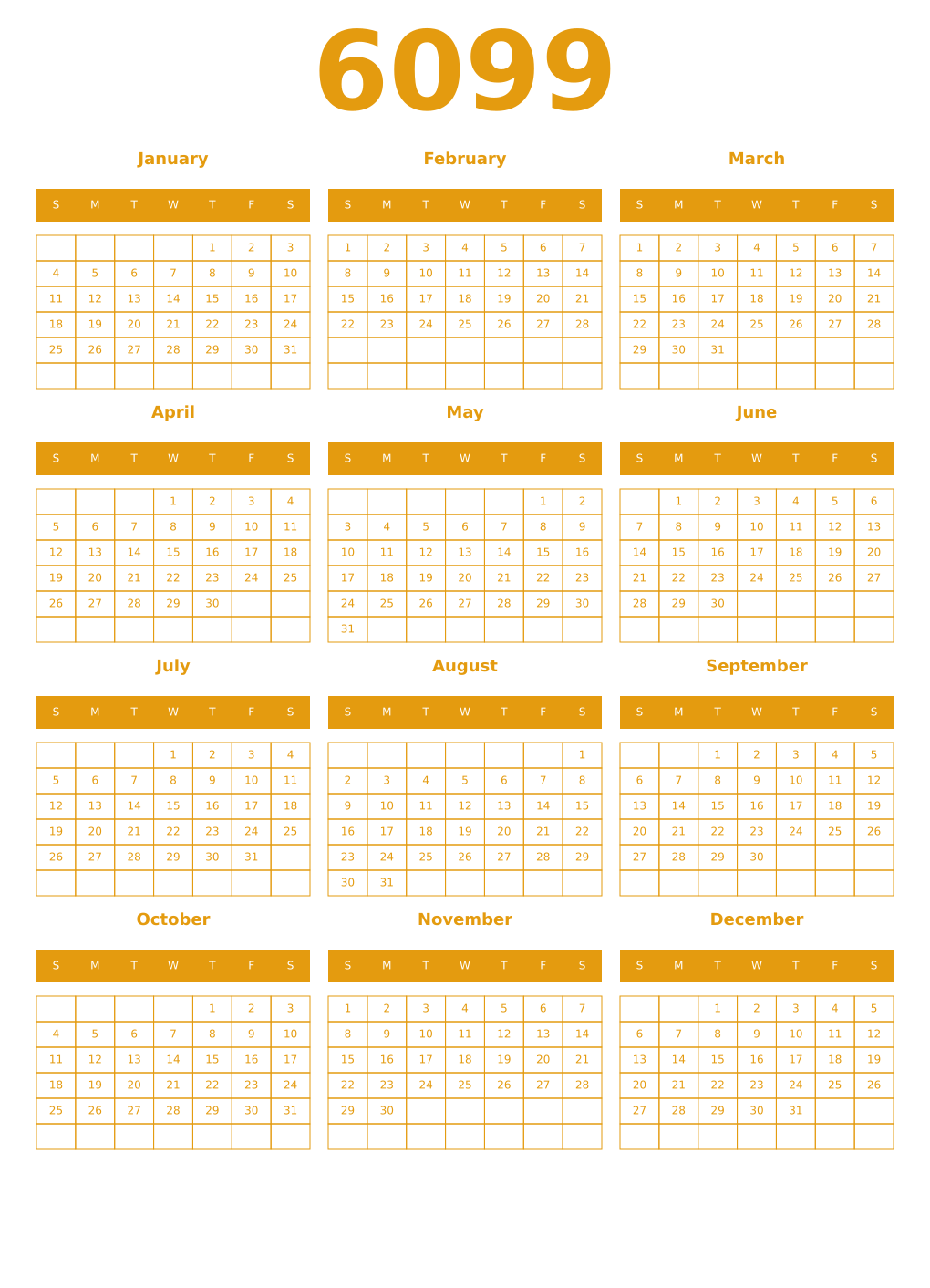 Printable 6099 Year Calendars gamboge