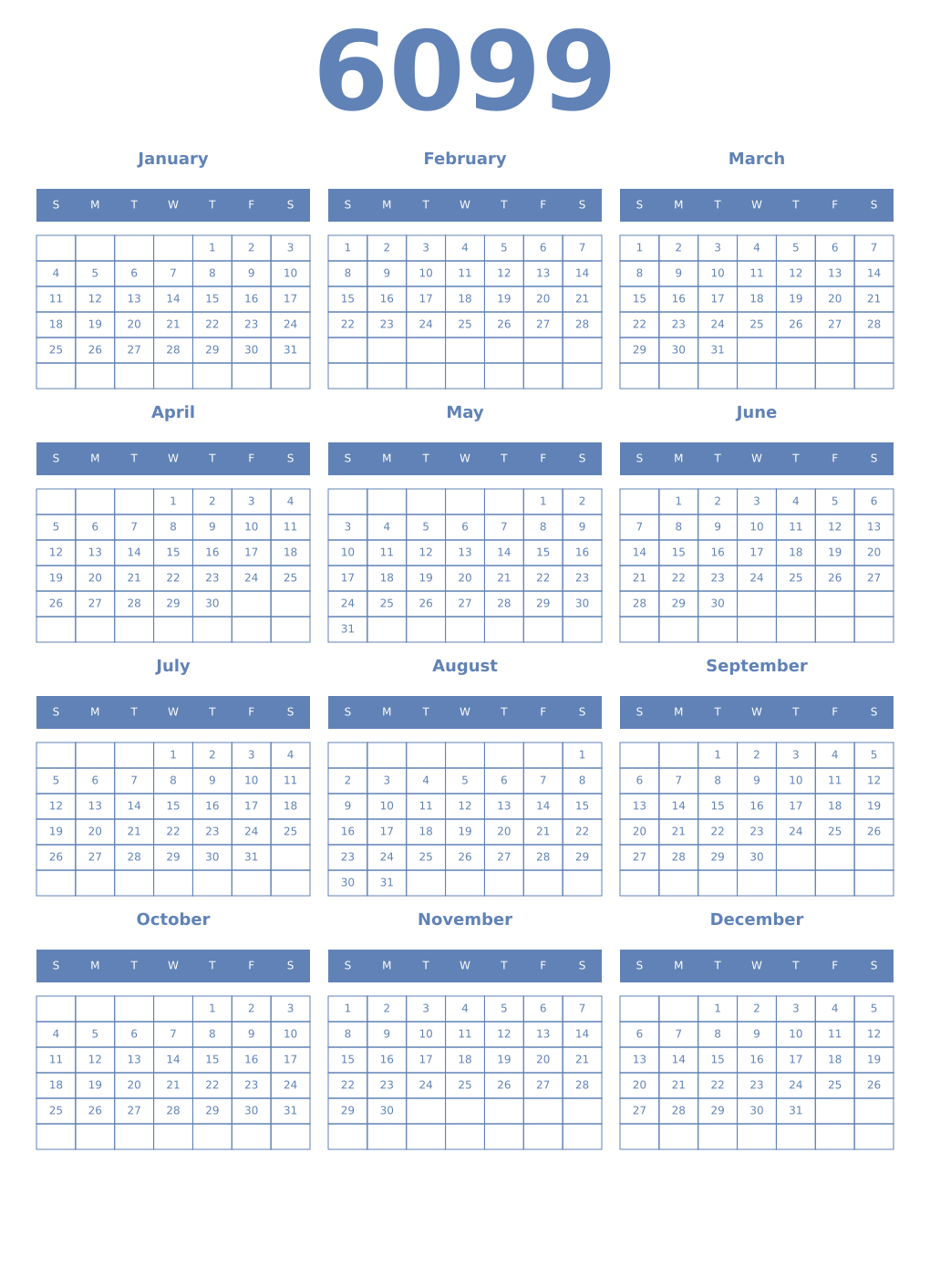 Printable 6099 Year Calendars glaucous