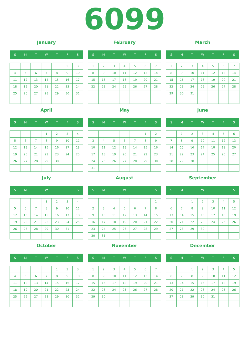 Printable 6099 Year Calendars green
