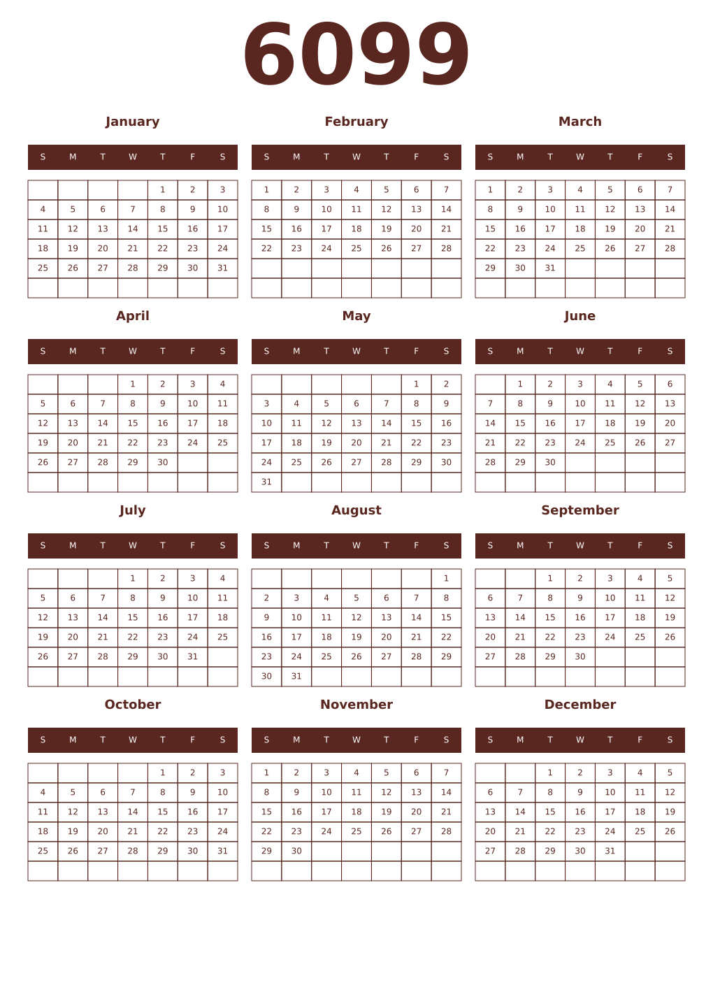 Printable 6099 Year Calendars mortuum