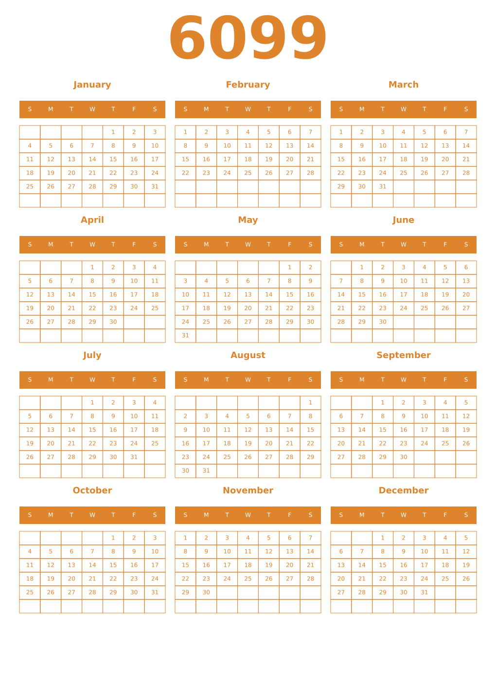 Printable 6099 Year Calendars orange