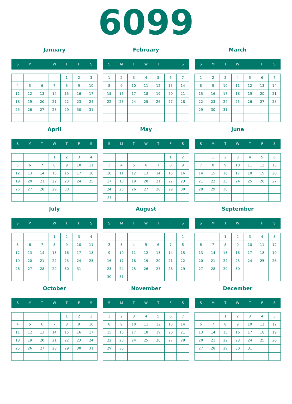 Printable 6099 Year Calendars pastel