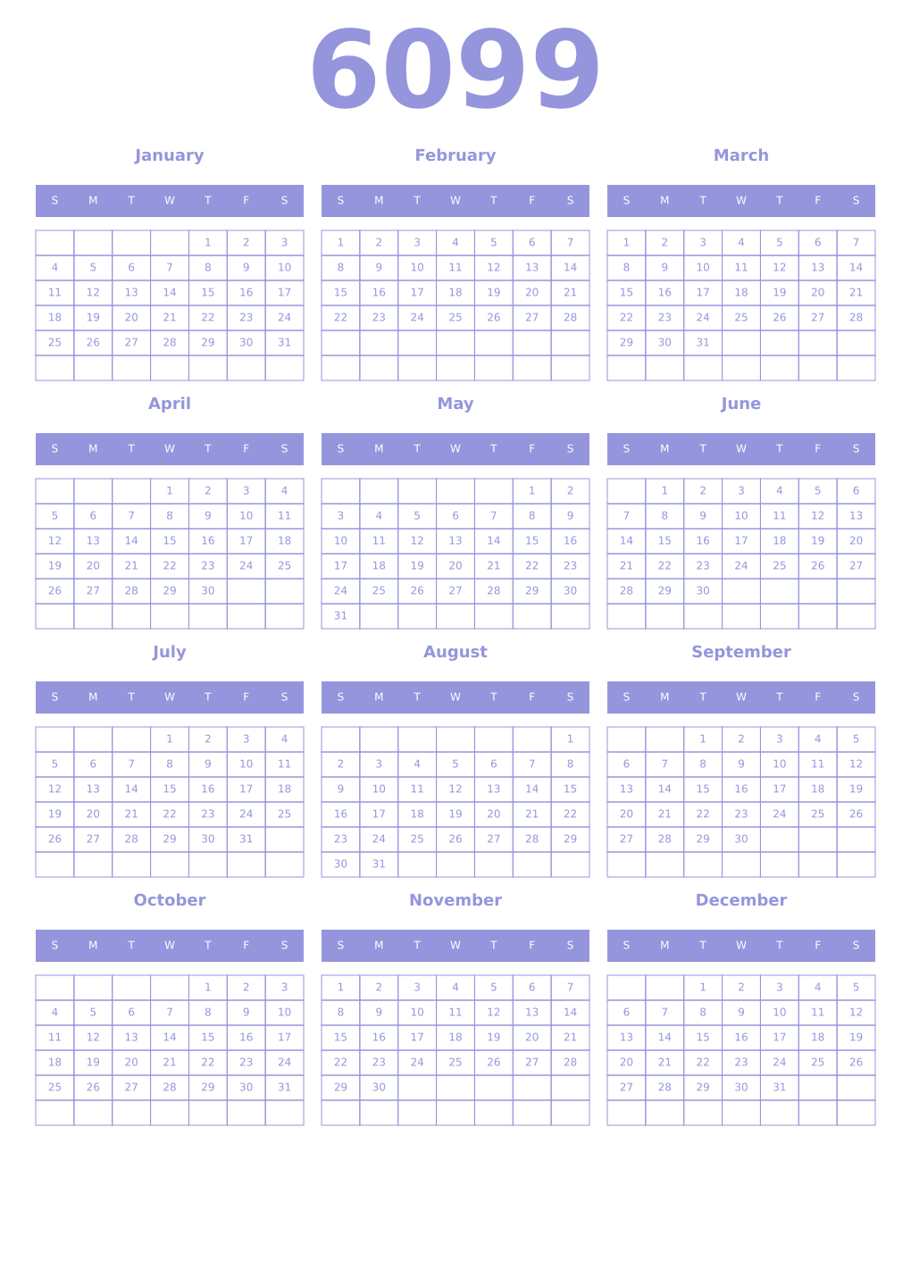 Printable 6099 Year Calendars periwinkle