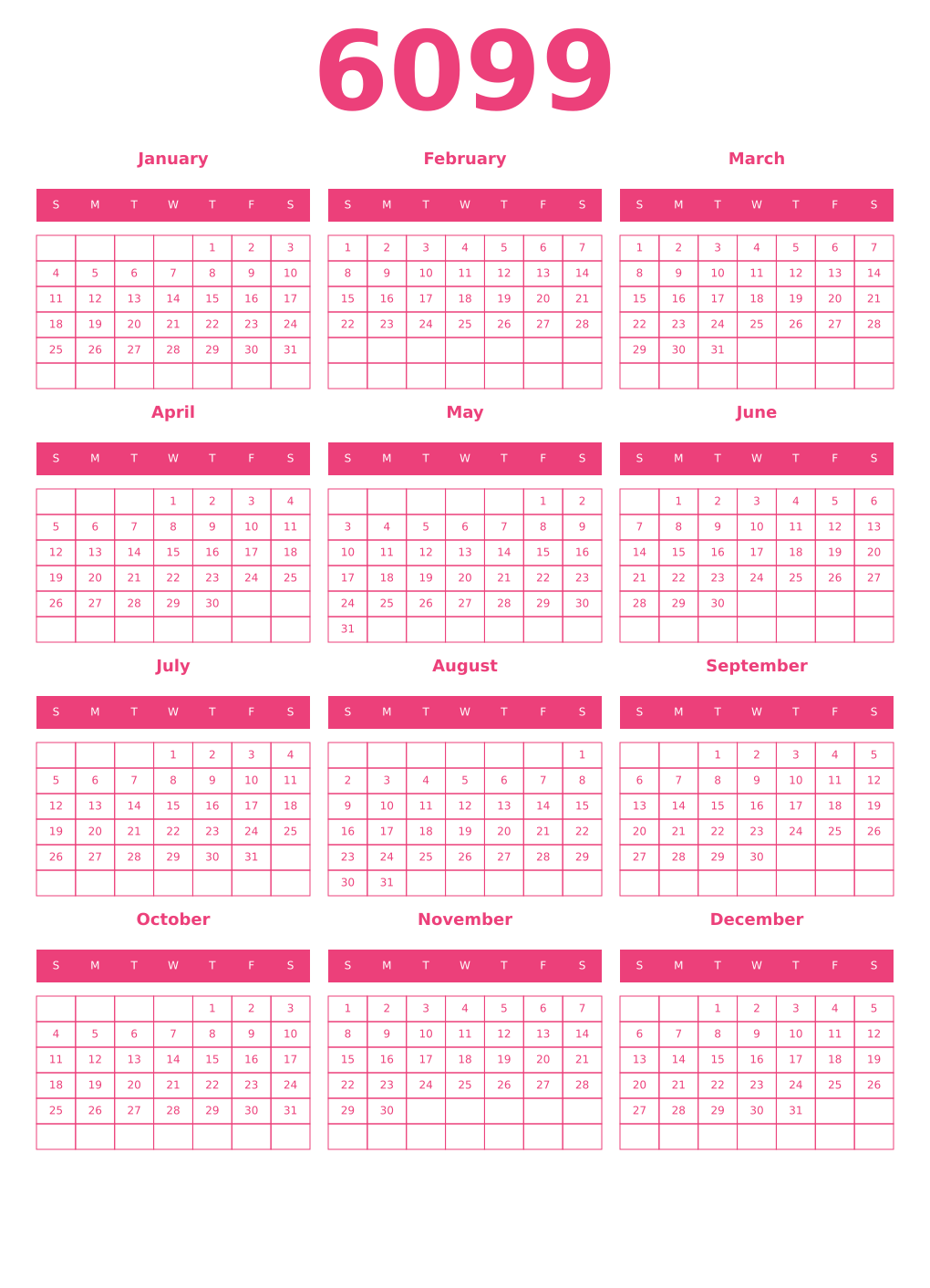 Printable 6099 Year Calendars pink